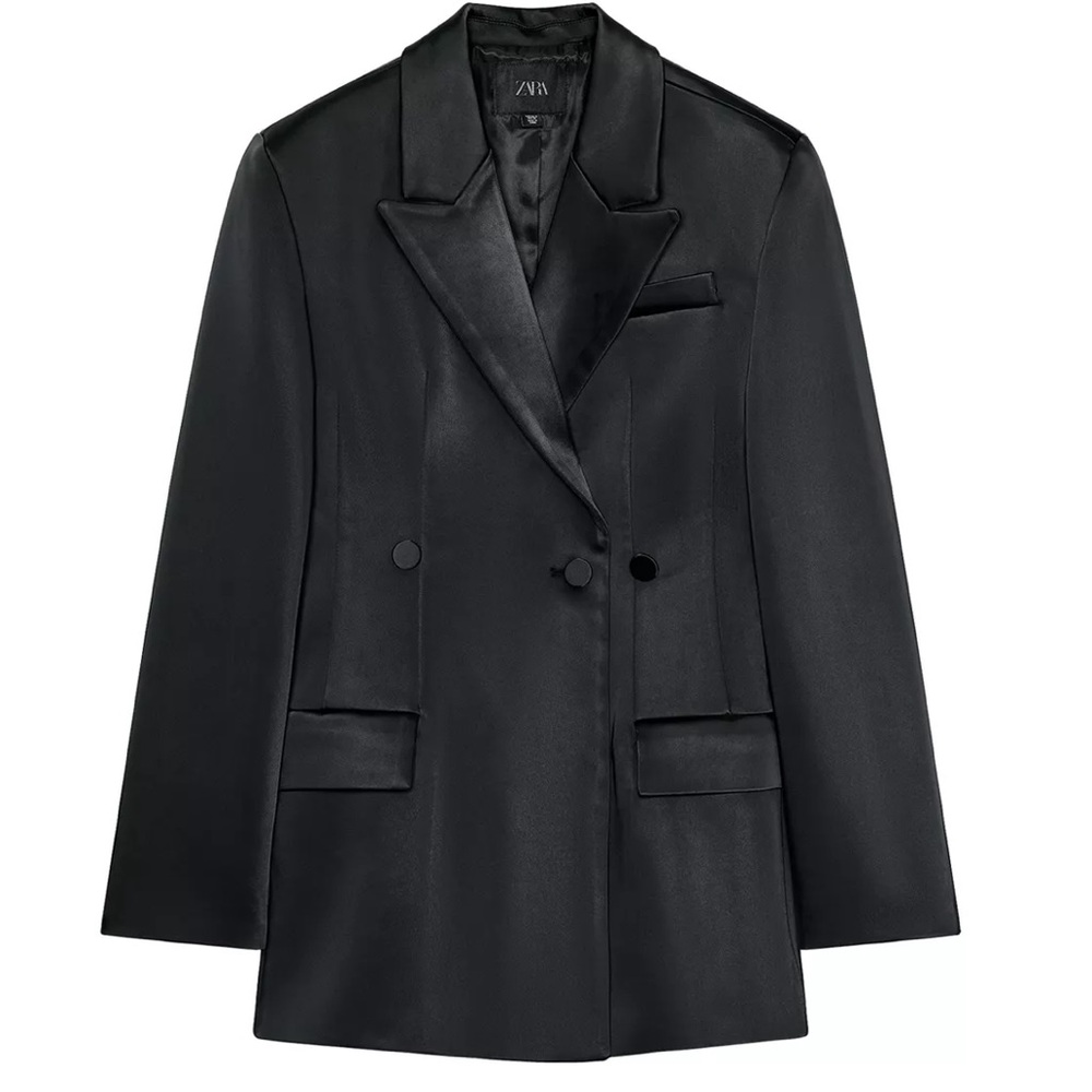 Zara Woman Black Double-Breasted Satin Blazer